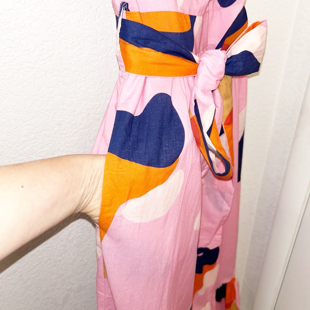 CIEBON The Roma 💯 Cotton Belted Maxi Dress Tie Straps Pink Abstract SZ: Small - Picture 11 of 15